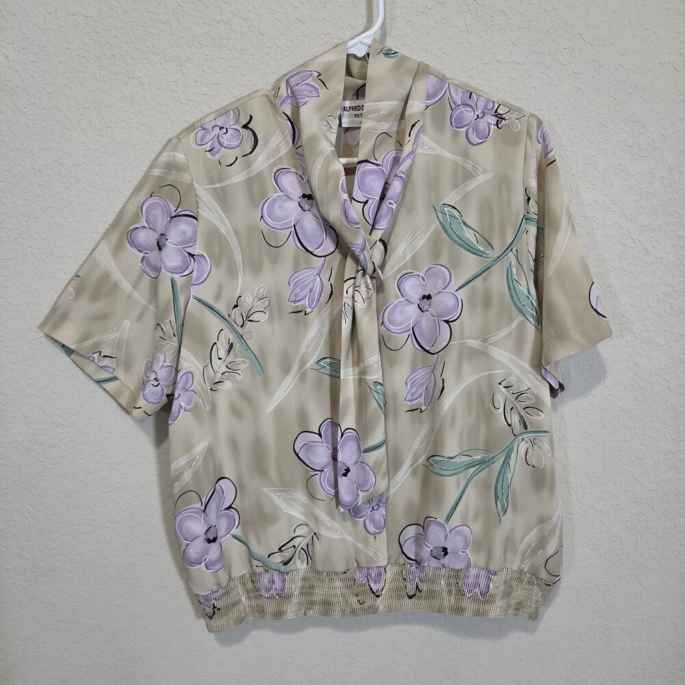 Alfred Dunner Blouse Womens L XL Petite Floral Print Tie Neck Short Sleeves